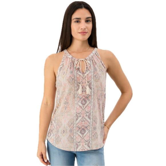 Rachel Zoe | 100% Linen Tassel Tank Top Pink & Beige Motif | Size Medium - Picture 2 of 11